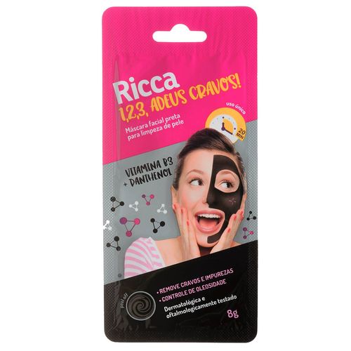 Máscara Facial Ricca Preta para Limpeza de Pele 1 2 3 Adeus Cravos! 8g