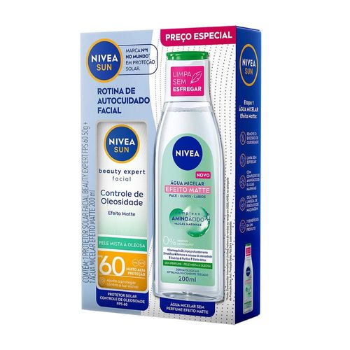 Kit Nivea Sun com Protetor Solar Facial Beauty Expert Controle de Oleosidade FPS 60 50g + Água Micelar Efeito Matte 7 em 1 200ml