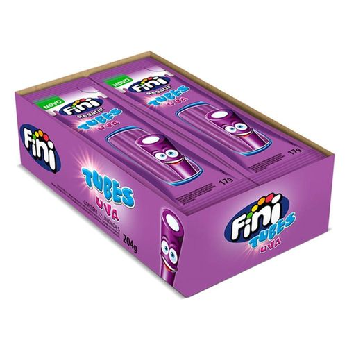 Display com Balas de Gelatinas Fini Tubes Sabor Uva com 12 Unidades com 17g