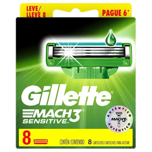 Cargas para Aparelho de Barbear Gillette Mach3 Sensitive com 8 Unidades