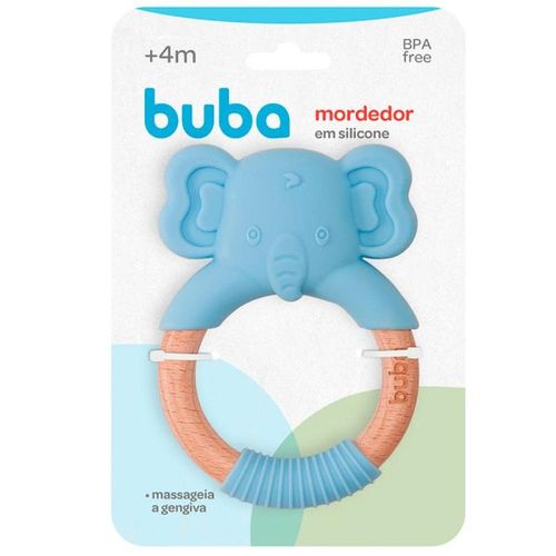 Mordedor Massageador Gengiva Buba em Silicone e Bambu Azul Elefantinho com 1 Unidade