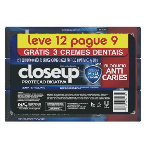 Creme Dental Proteção Bioativa CloseUp Pague 9 e Leve 12 Unidades com 70g