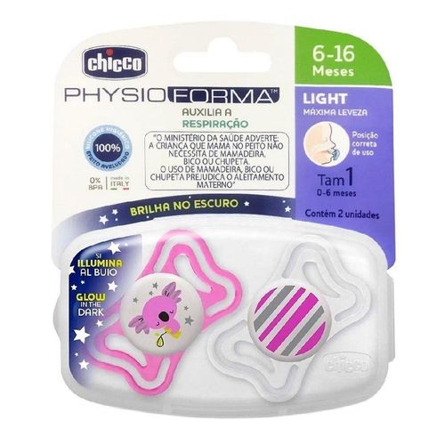Kit Chicco Physio com 2 Chupetas Forma Light 6-16M Menina + 1 Capa Transparente Stripes And Stars
