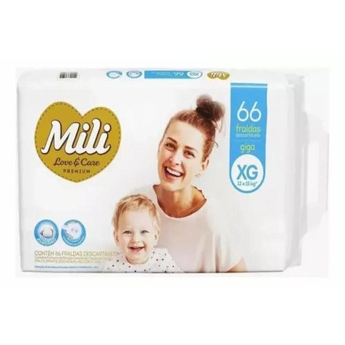 Fraldas Descartáveis Mili Love&Care Premium Giga Tamanho XG com 66 Unidades