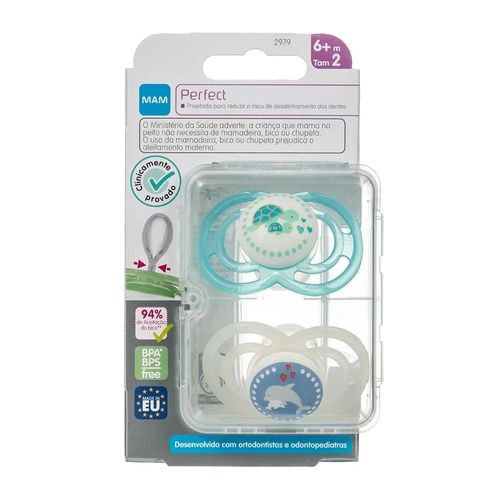 Kit Chupeta Mam Perfect Night 6 Meses+ Azul com 2 Unidades