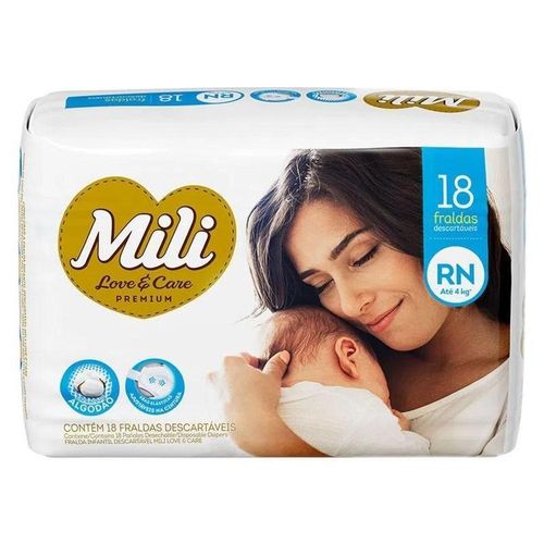 Fraldas Descartáveis Mili Love & Care Jumbo Tamanho RN com 18 Unidades