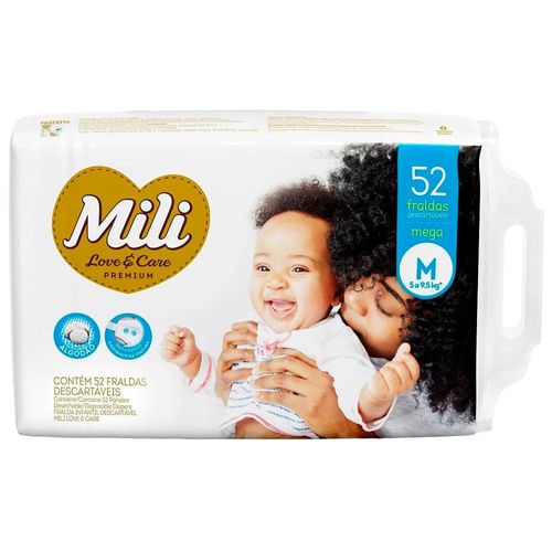 Fraldas Descartáveis Mili Love & Care Mega Tamanho M com 52 Unidades