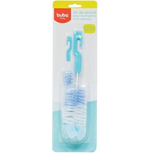 Kit Escova para Mamadeira com Esponja Buba Baby Azul com 1 Escova para Mamadeiras com Esponja + 1 Escova para Bico