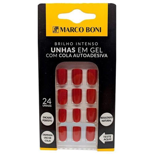 Unhas Postiças com Cola Auto Adesiva Vermelho Claro Marco Boni com 24 Unidades