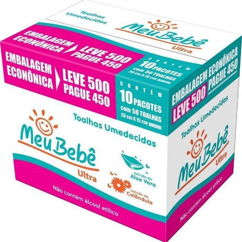 Toalhas Umedecidas Meu Bebê Ultra com 10 Pacotes com 50 Unidades