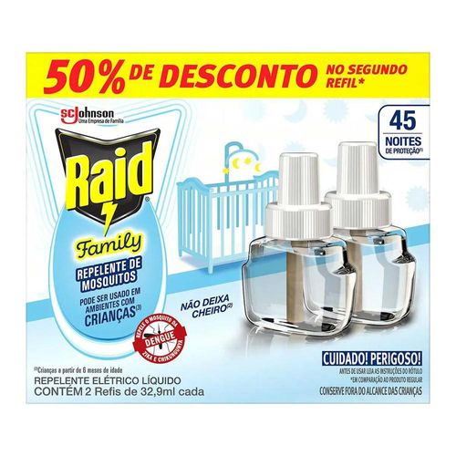Repelente Líquido Elétrico Raid Family 45 Noites com 2 Unidades com 32,9ml