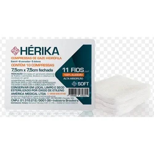 Compressas de Gaze Estéril 11 Fios Hérika 7,5cm X 7,5cm com 10 Unidades