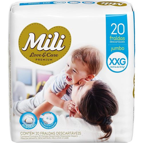 Fraldas Descartáveis Mili Love & Care Jumbo Tamanho XXG com 20 Unidades