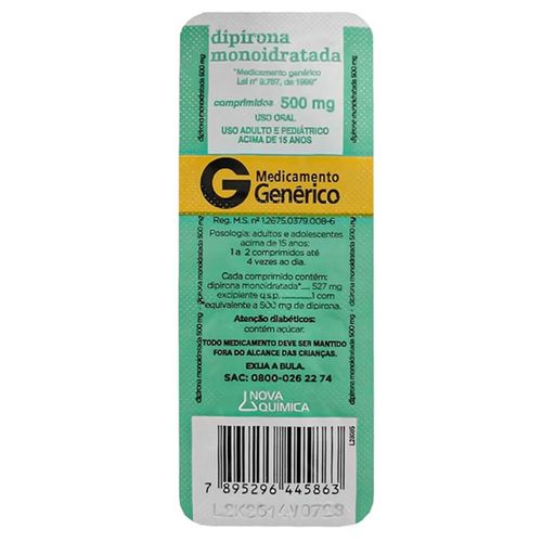 Dipirona Monoidratada 500mg Nova Química com 10 Comprimidos