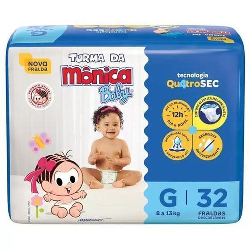 Fraldas Descartáveis Econômicas Tamanho G Turma da Mônica com 32 Unidades