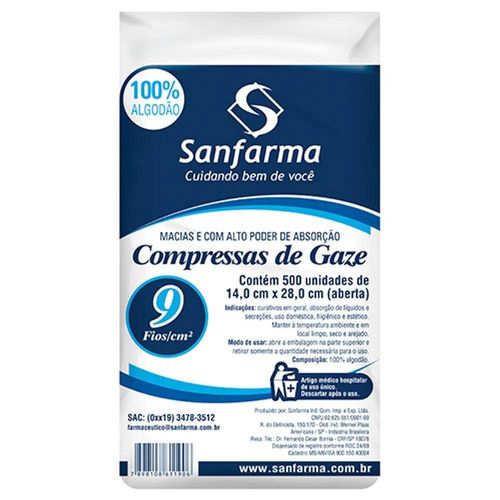 Compressas de Gaze Sanfarma 9 Fios com 500 Unidades