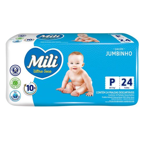 Fraldas Descartáveis Ultra Secas Mili Jumbinho Tamanho P com 24 Unidades