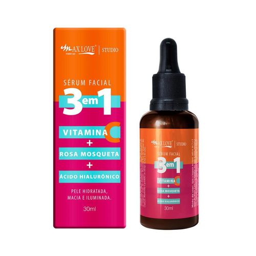 Max Love Rosto Sérum Facial 3 em 1 Vitamina C + Rosa Mosqueta + Acido Hialurônico 30ml
