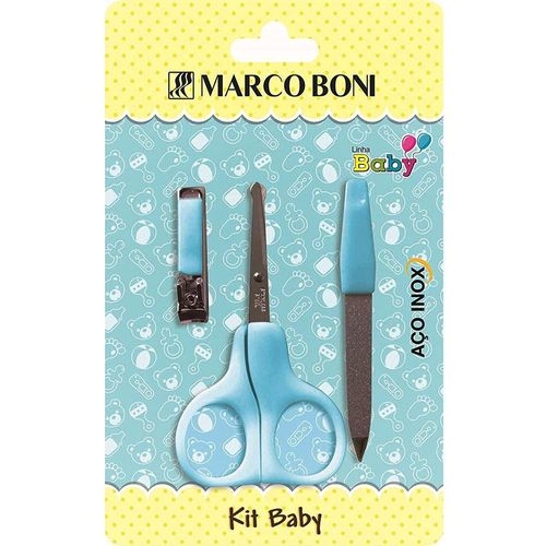 Kit Infantil Azul Marco Boni com 1 Cortador de Unhas + 1 Tesoura em Aço Inox + 1Lixa Metálica