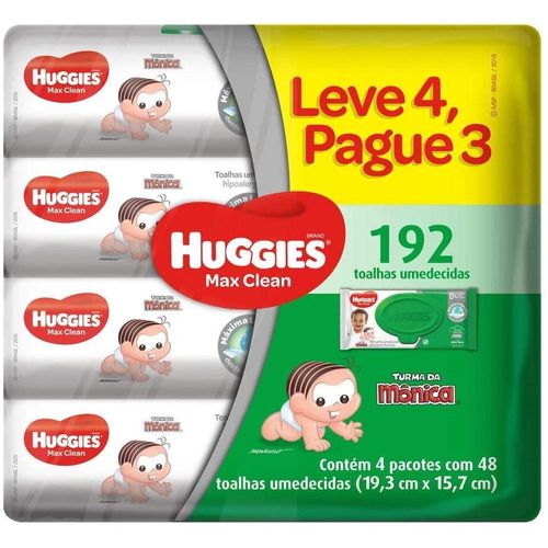 Kit Lenços Umedecidos Huggies Max Clean Pague 3 e Leve 4 Pacotes com 48 Unidades