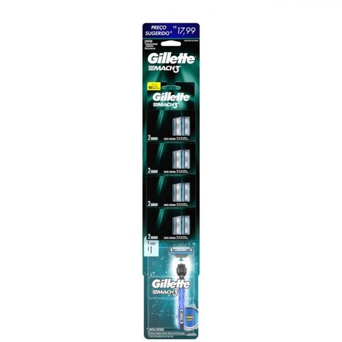 Kit Gillette com 1 Aparelho Mach3 Acqua Grip + 8 Cargas Mach3