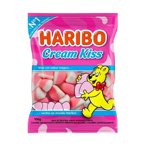 Bala de Gelatina Cream Kiss Sabor Morango e Nata Haribo 100g