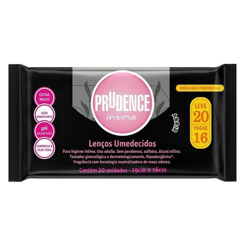 Lenços Umedecidos para Higiene Íntima com Camomila e Aloe Vera 19cm X 16cm Prudence Pague 16 e Leve 20 Unidades
