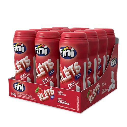 Display com Chicletes Klets Morango Fini com 12 Unidades com 30g