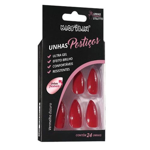 Macrilan Unhas Postiças Stiletto Vermelho Escuro Up501A com 1 Unidade
