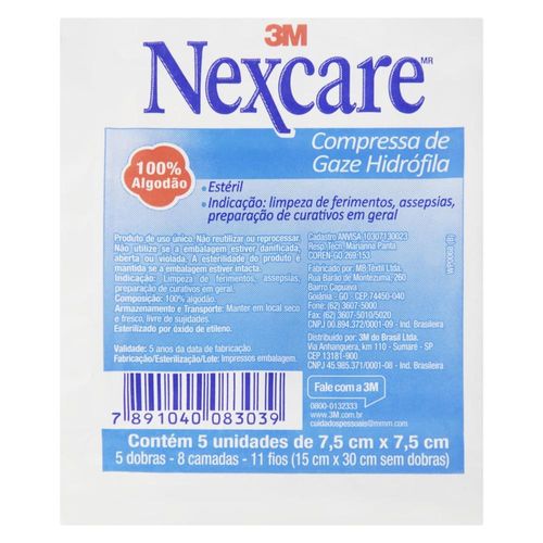 Compressas de Gaze Estéril Nexcare 7,5cm X 7,5cm com 5 Unidades