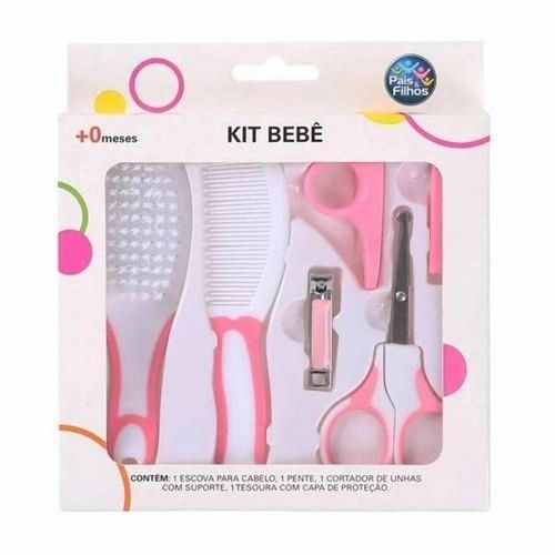 Kit Pais e Filhos Higiene do Bebê Rosa com 1 Escova de Cabelo + 1 Pente + 1 Cortador de Unhas C Sup + 1 Tesoura com Capa de Proteção