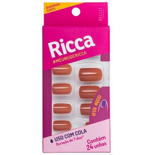 Unhas Postiças Quadrado Curto Nude Ricca com 24 Unidades