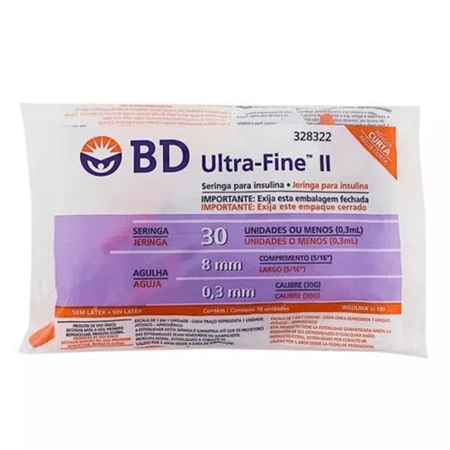 Seringas Descartáveis para Insulina com Agulha Curta Bd U.Fine 30G x 8mm Capacidade 0,3ml com 10 Unidades