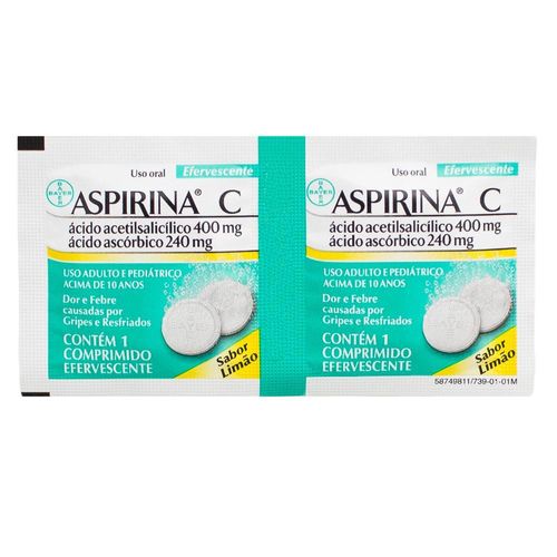 Aspirina C 400mg + 240mg Sabor Limão com 2 Comprimidos Efervescentes