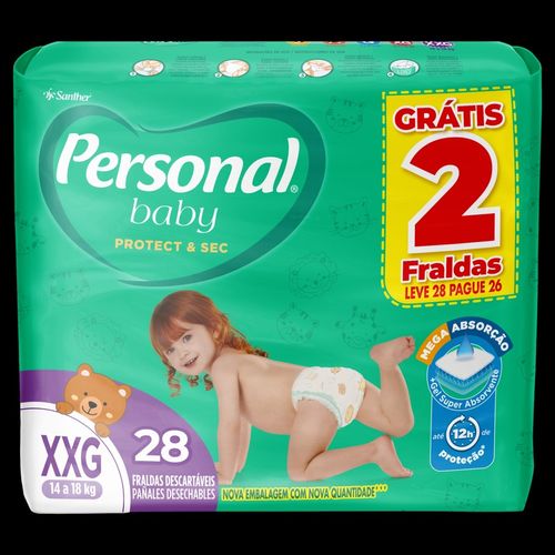 Fraldas Descartáveis Infantis Personal Baby Protect & Sec Tamanho XXG Pague 26 e Leve 28 Unidades
