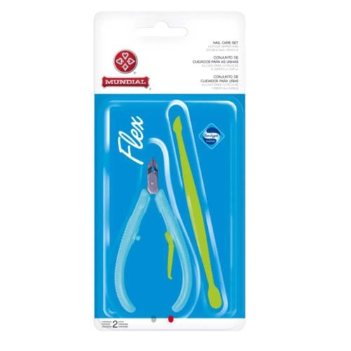 Kit de Cuidados para as Unhas Mundial Flex Azul com 1 Alicate para Cutículas + 1 Espátula Dupla