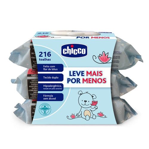 Kit Lenço Umedecido Chicco Pele Sensível Sem Álcool com 3 Pacotes com 72 Unidades