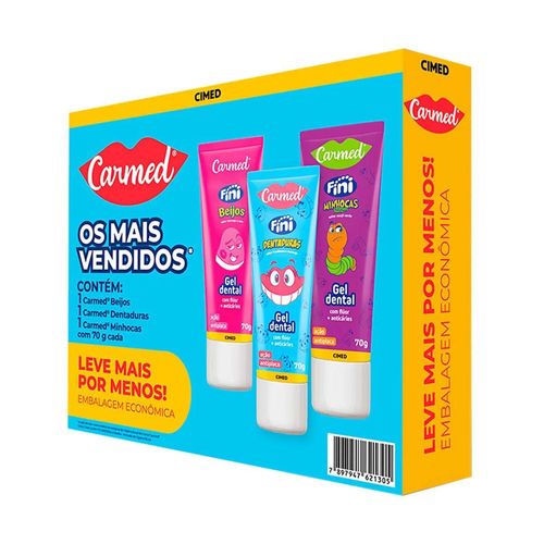 Kit Carmed Fini Oral Care com Gel Dental Beijos 70g + Gel Dental Dentaduras 70g + Gel Dental Minhocas Azedinhas 70g