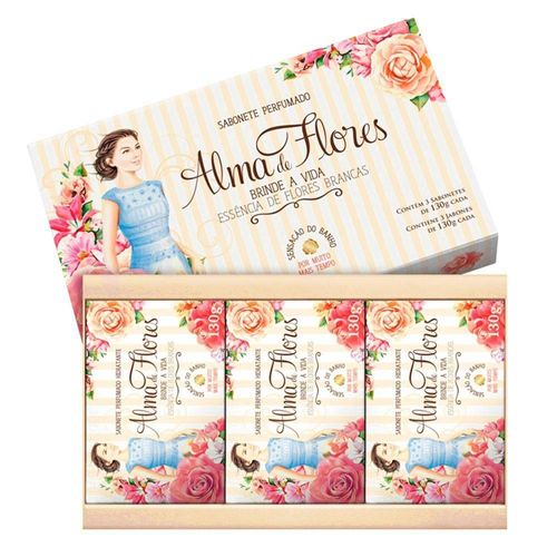 Kit Estojo de Sabonetes Alma de Flores Essência de Flores Brancas com 3 Unidades com 130g
