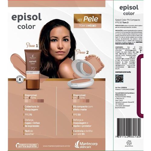 Kit Pele Episol Color com 1 Pó Compacto FPS 50 Tom 3 Médio 10g + Protetor Solar FPS 70 Tom 3 Médio 40ml